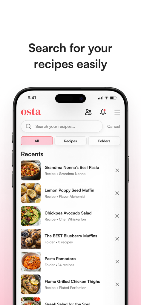 Osta: Save & Share Recipes - Osta 앱 인터페이스, 검색창과 파스타 및 머핀과 같은 최근 저장된 레시피 목록 표시