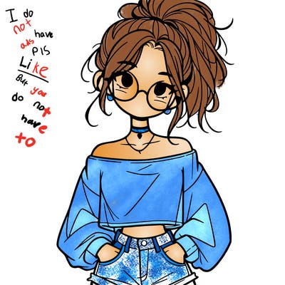 girl with a messy ponytail glasses a baggy crop top and jean shorts