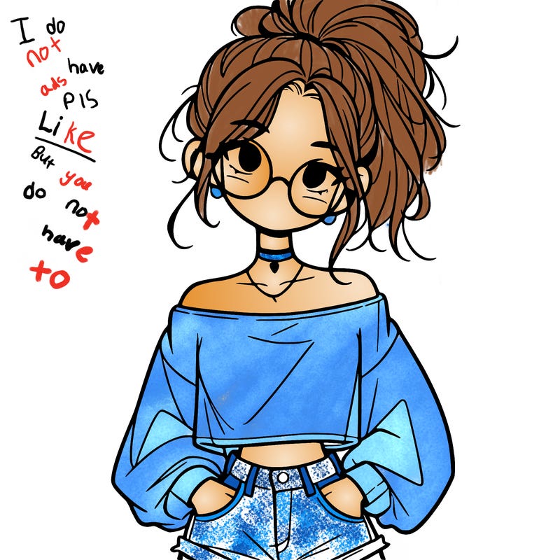 girl with a messy ponytail glasses a baggy crop top and jean shorts