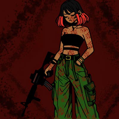a dangerous girlcrop top and baggy jeans with a rifle in her hand
