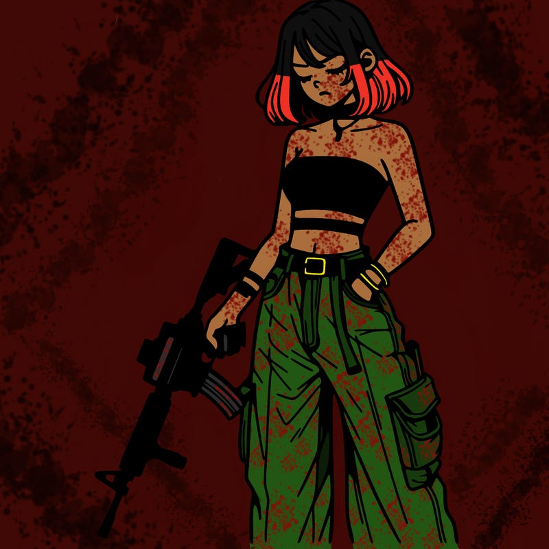 a dangerous girlcrop top and baggy jeans with a rifle in her hand