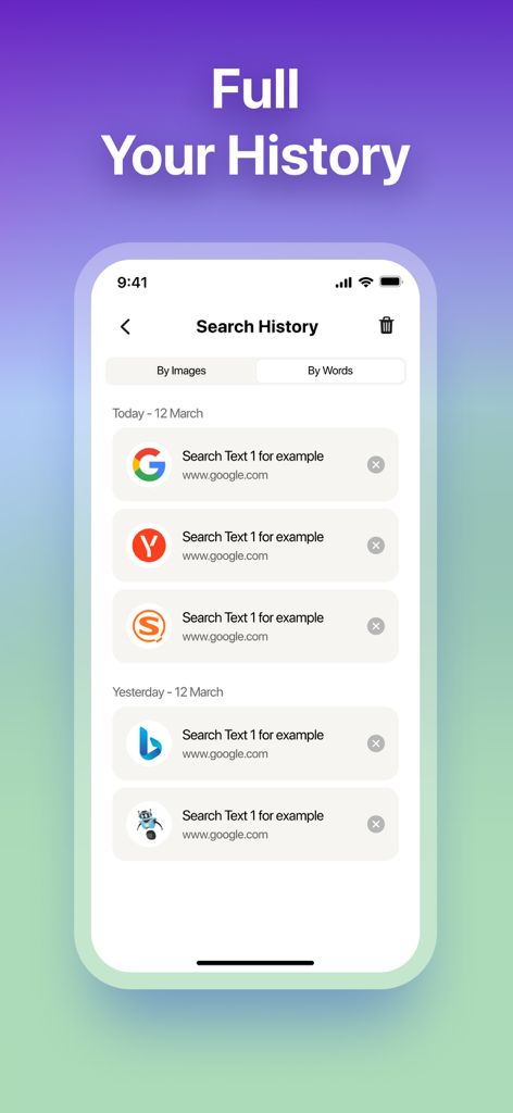Finder – Reverse Image Search - Search history screen in the Finder app showing a list of past image and word searches from various search engines.