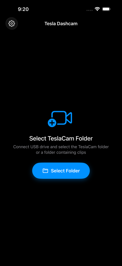 Tesla DashCam Viewer - The initial screen of the Tesla DashCam Viewer app prompting the user to select their TeslaCam folder from a connected drive.