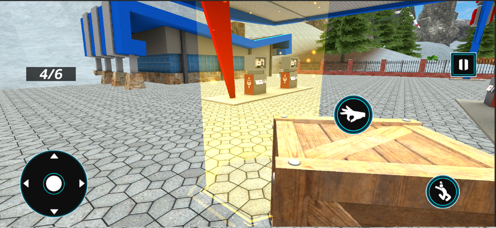 Gameplay screenshot showing a wooden crate task at a service station