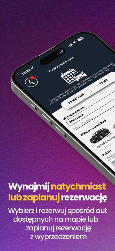 4mobility - wynajem samochodów - 차량 렌탈 예약 일정을 위한 4mobility 앱 인터페이스