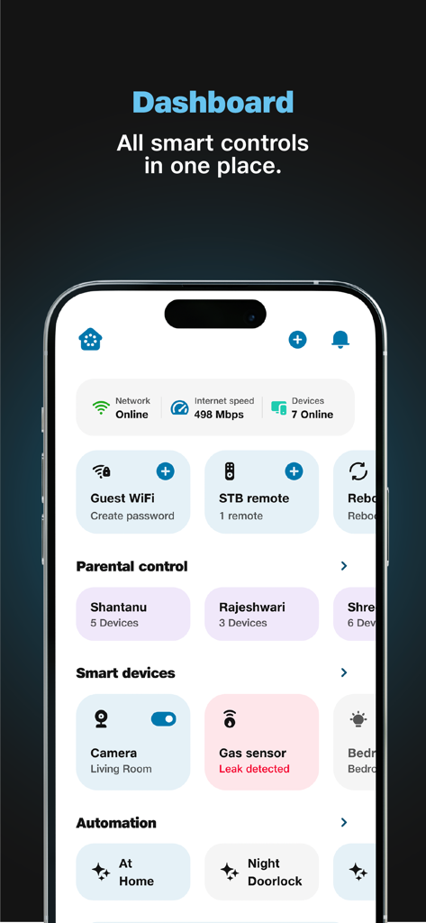 JioHome app dashboard showing smart home controls and network status