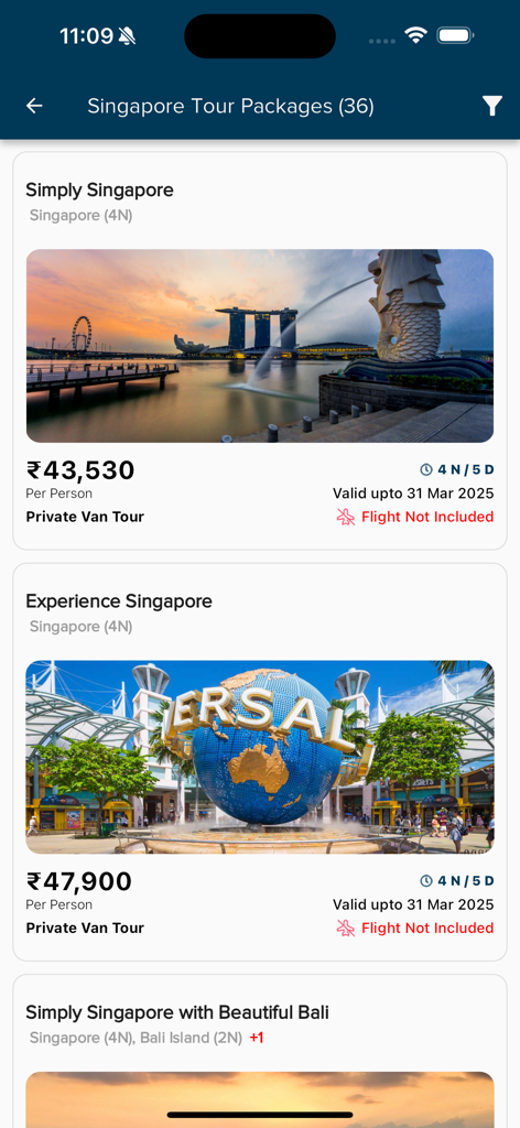 Flamingo Travels - Flamingo Travels app showing a list of Singapore tour packages with photos and pricing