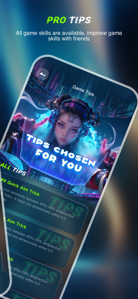 Fritty：Adult & Chat，Video Call - Fritty app screen displaying personalized pro gaming tips and aim strategy guides