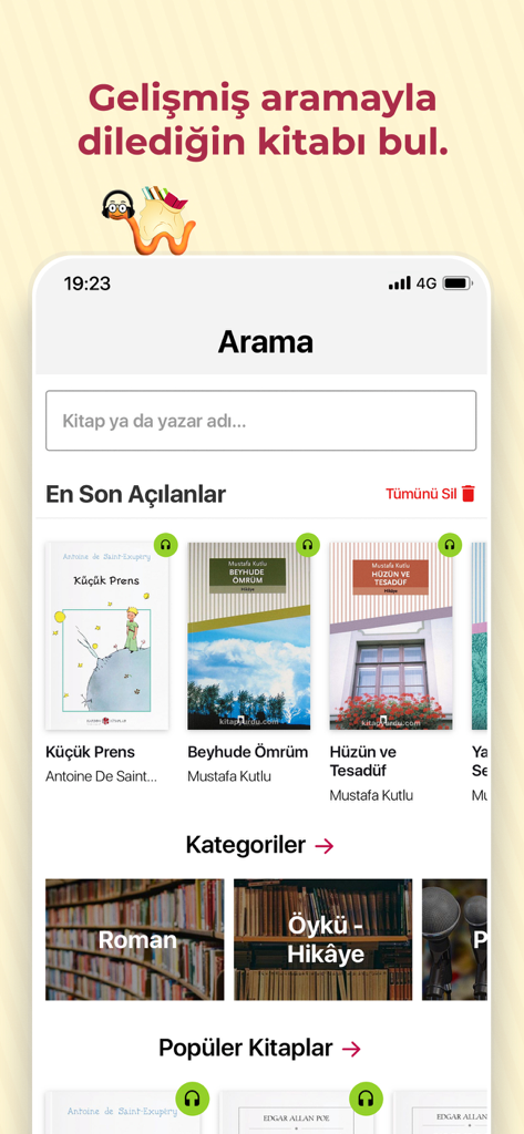Kitapyurdu Sesli Kitap - The search interface of the Kitapyurdu Sesli Kitap app featuring Turkish audiobook titles and book categories