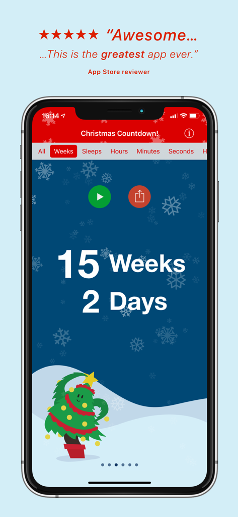 Christmas Countdown app interface showing weeks and days until Christmas.