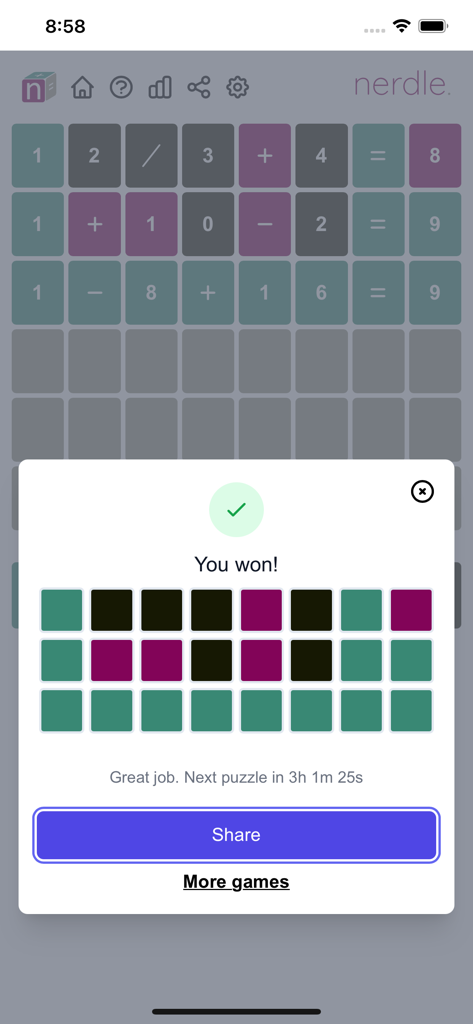 Nerdle - Victory screen of Nerdle math puzzle game showing solved equations and a share button