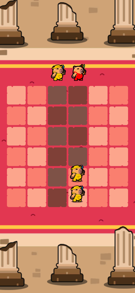 CappyBara Merge Clash - Capybara hero characters on a tactical battle grid in an arena with ancient columns