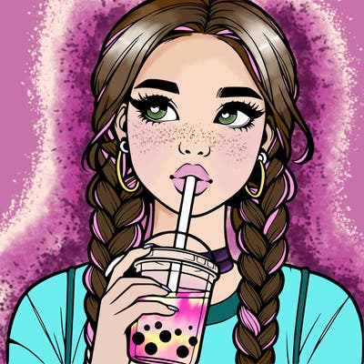 realistic girl with braided hair drinking boba