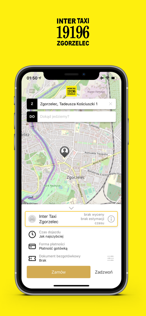 Taxi Zgorzelec - Taxi Zgorzelec mobile app interface with map and taxi booking screen