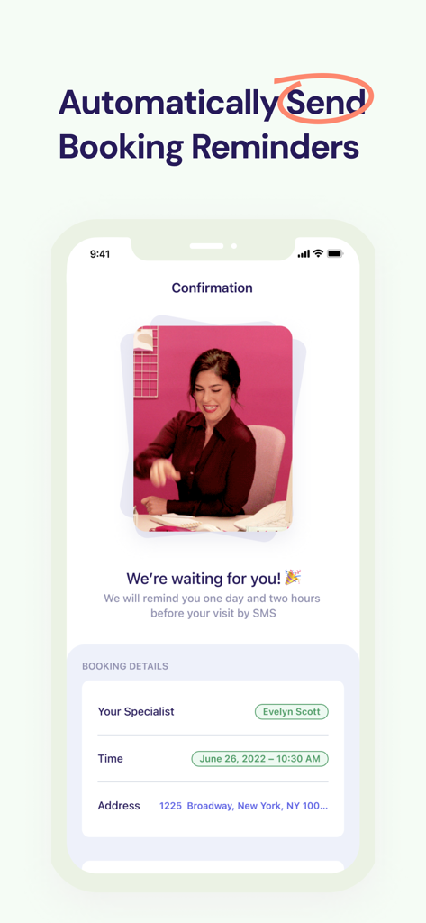Sammy: Beauty Booking - Tela de confirmação de agendamento no aplicativo Sammy mostrando lembretes automatizados por SMS e detalhes do compromisso.