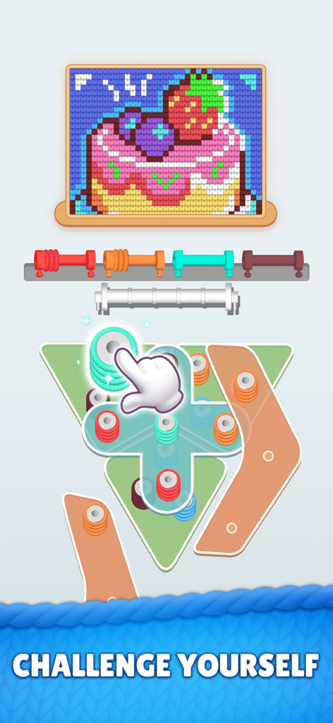 Yarnzle Stitch - A mobile game screen from Yarnzle Stitch showing a yarn sorting puzzle and a completed knitted artwork of a strawberry cake.