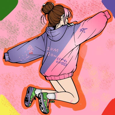 realistic girl jumping with a bun and oversized sweatshirt