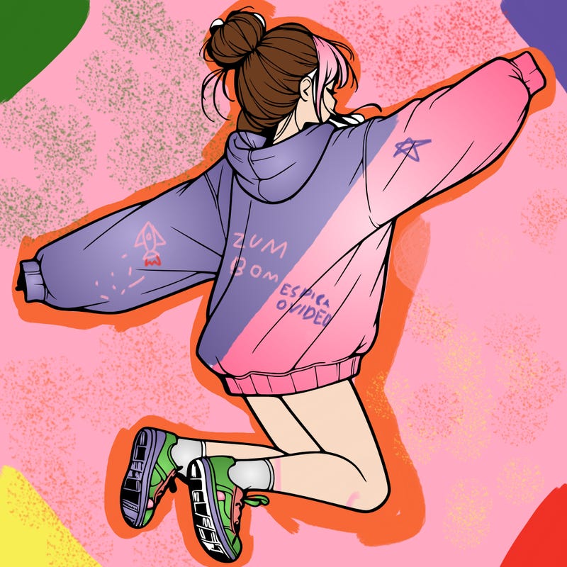 realistic girl jumping with a bun and oversized sweatshirt