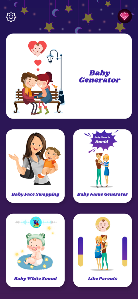 Menú principal de la app AI Baby Maker que muestra funciones como Generador de Bebés, Intercambio de Rostros y Generador de Nombres de Bebé.