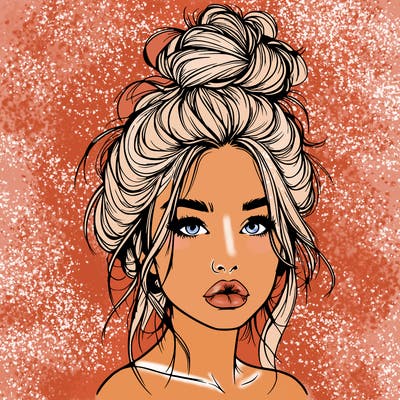 realistic girl with a messy bun and she has lips