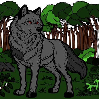 realistic wolf with trees in the background