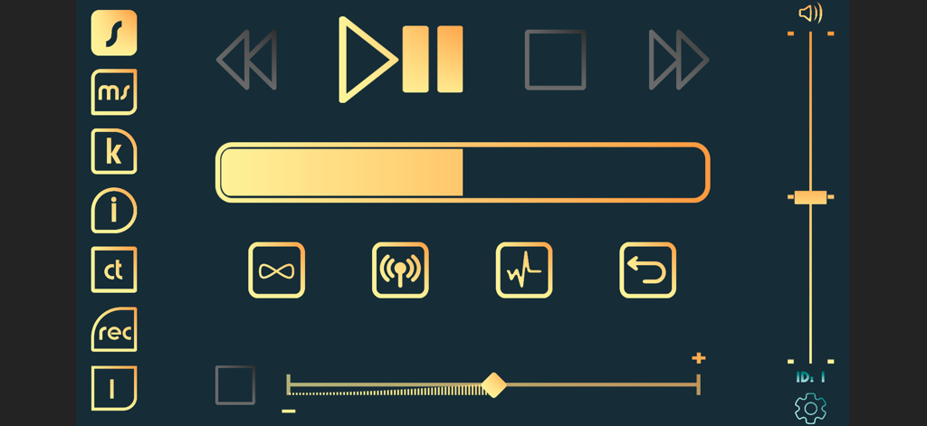 Aglaya Play Control Musikwiedergabe- und Steuerungsoberfläche mit gelben Schaltflächen auf dunklem Hintergrund