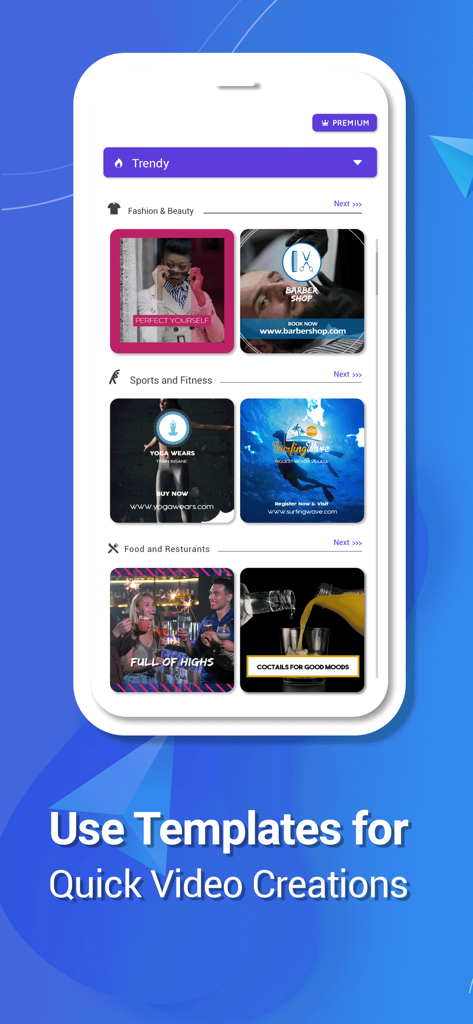 AVM - Advertising Video Maker - AVM app interface showing video templates for different business categories like fashion and food.