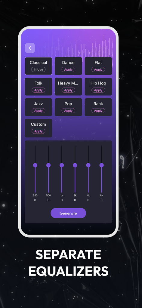 Vibe Player - Offline - Vibe Player app interface showing separate equalizer settings with various music genre presets and adjustable audio sliders.