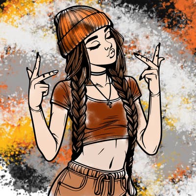 realistic teenage girl with braids and a beanie and crop top doing 🫶🏼