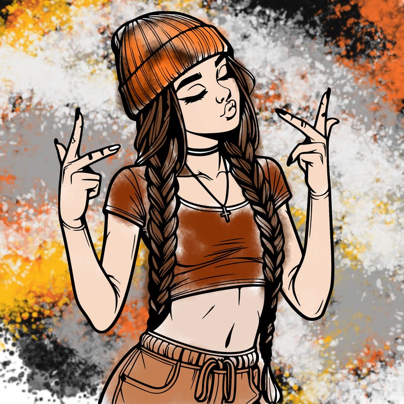 realistic teenage girl with braids and a beanie and crop top doing 🫶🏼