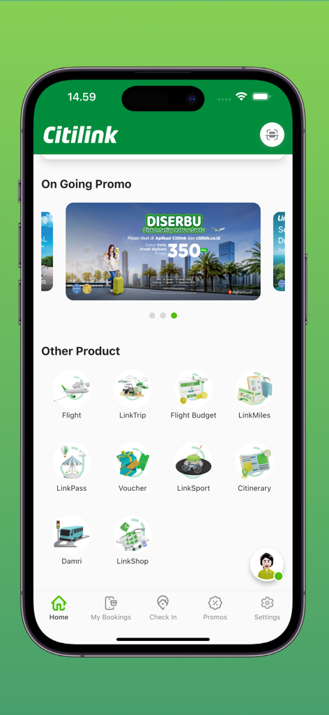 Interfaz de la aplicación Citilink que muestra servicios de reserva de vuelos y promociones de viaje