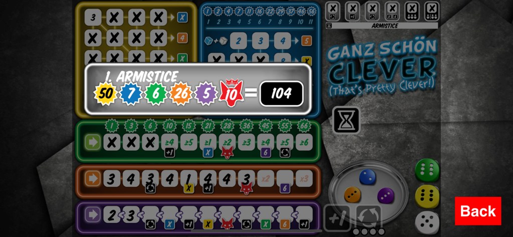 Resumen de puntuación final en el juego móvil Thats Pretty Clever que muestra un total de 104 puntos y el tablero de juego completo.