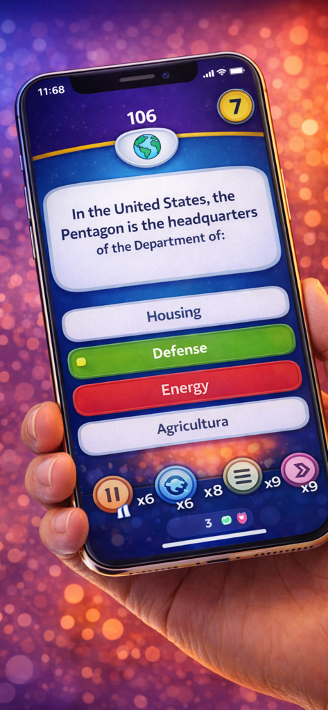 Trivia Quiz: General Knowledge - A person holding an iPhone showing a trivia quiz question about the US Pentagon with the correct answer highlighted in green
