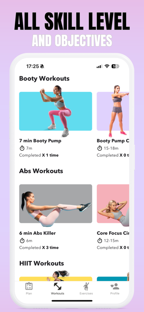 Booty Workout: Glutes & Squat - Interfaz de la aplicación móvil mostrando diferentes categorías de entrenamiento como Glúteos, Abdominales y HIIT con vistas previas de ejercicios.