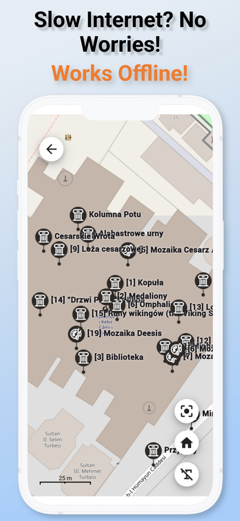 Audio Guide to Hagia Sophia - Screenshot of the Hagia Sophia audio guide app showing an offline map with numbered markers for historical points of interest.