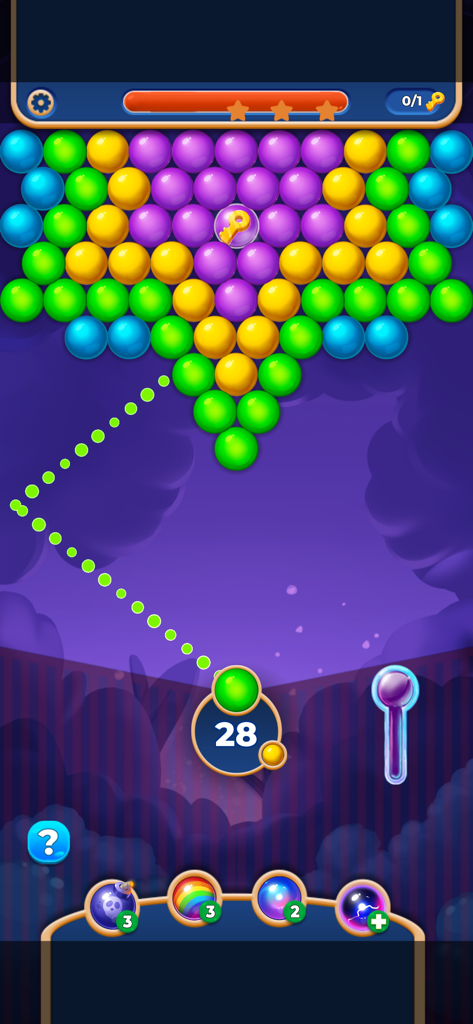 Pantalla de juego de Bubble Shooter Pop Balls mostrando un puzzle con burbujas de colores y una línea de trayectoria de puntería.