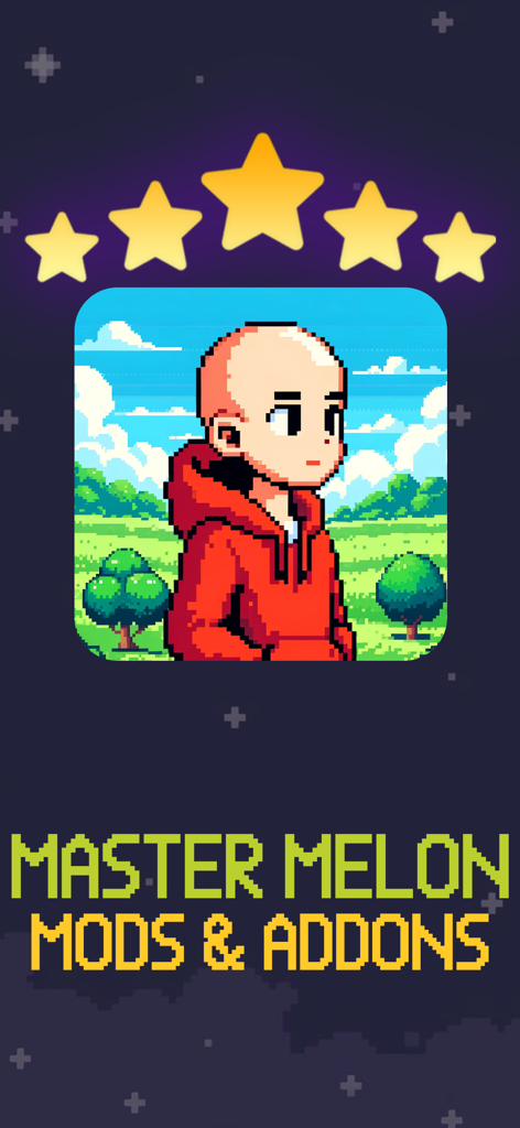 Mel Mods Skins For Ragdoll PG - Splash screen for Master Melon Mods and Addons featuring a pixel art character in a red hoodie with five stars and pixelated text.
