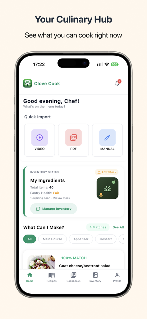 Clove Cook - Recipe Organizer - Clove Cook app home screen showing recipe import options and pantry inventory status