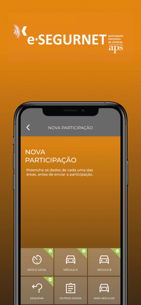 e-SEGURNET - e-SEGURNET mobile app screen for filing a digital car accident report.