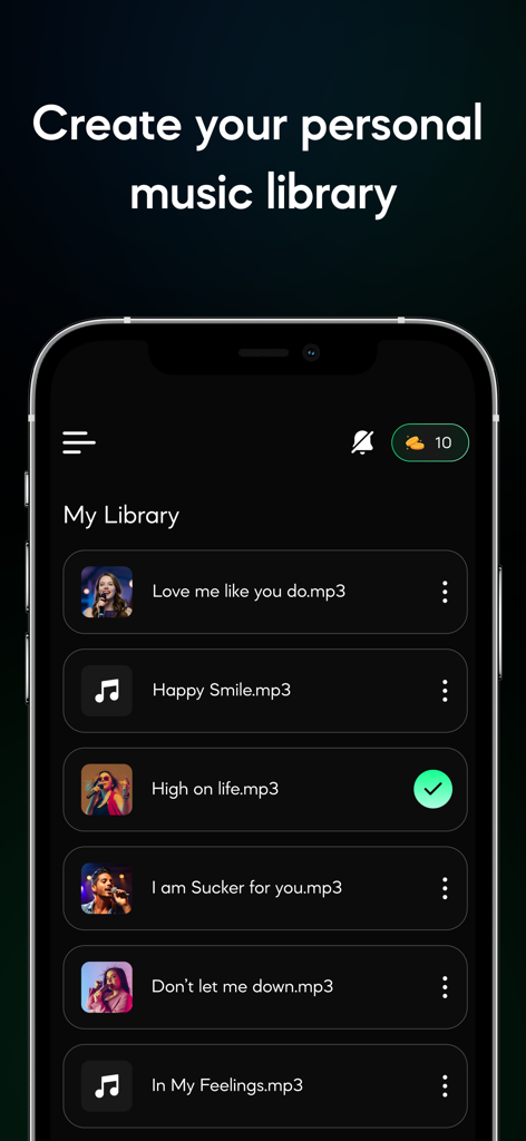 AI Vocyアプリのユーザーインターフェース。処理済みのMP3オーディオファイルが複数表示された個人用音楽ライブラリを表示。