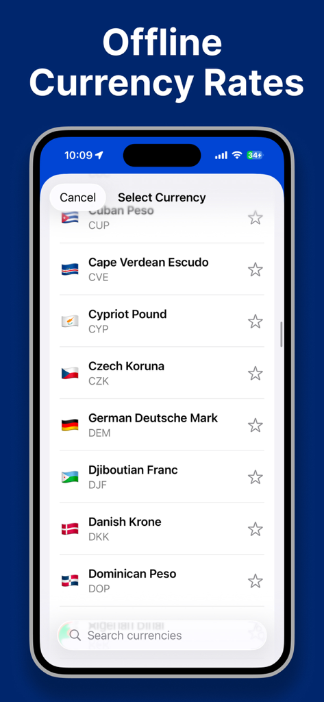 Currency Converter - Curry - Currency selection screen displaying a list of world currencies with flags for offline conversion in the Curry app