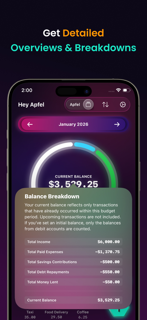 Kora Daily Expense Tracker - Kora 일일 지출 추적기 앱 인터페이스가 수입 및 지출의 상세 잔액 분석을 표시하고 있습니다.