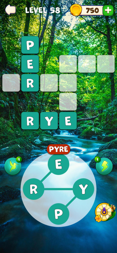 Words of Paradise - Words of Paradise crossword level featuring a scenic forest and river background