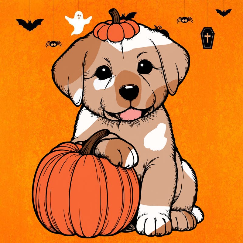 a realistic puppywith a pumpkin on his head