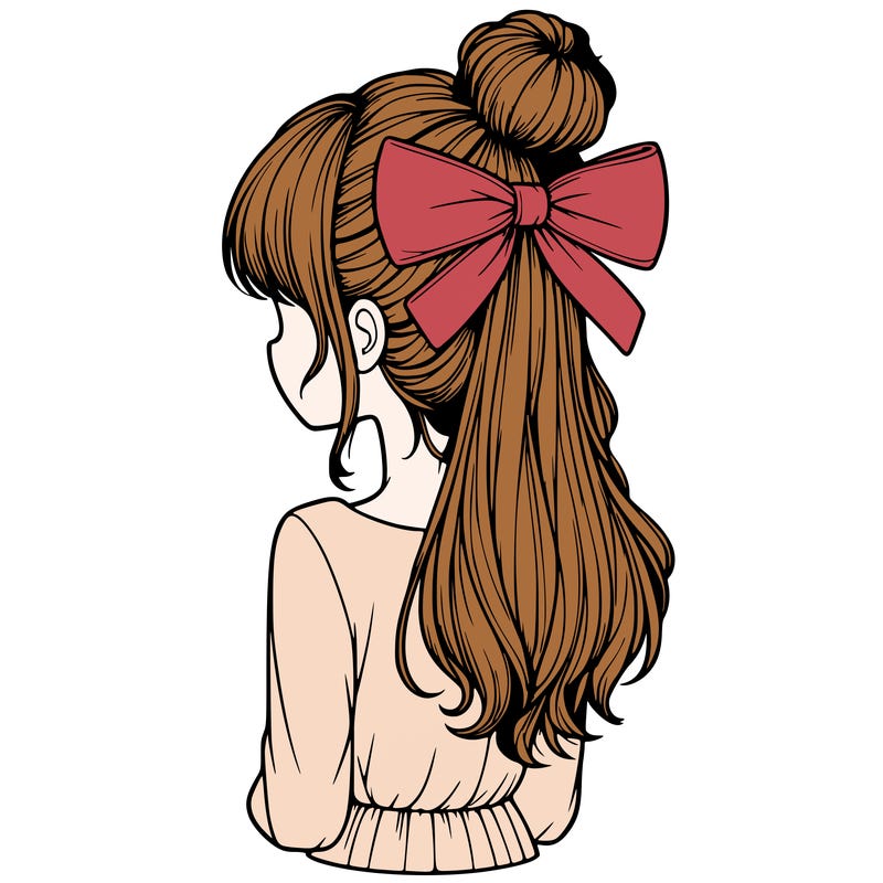 realistic girl  with hip length hair a bun and a big bow on the back of head