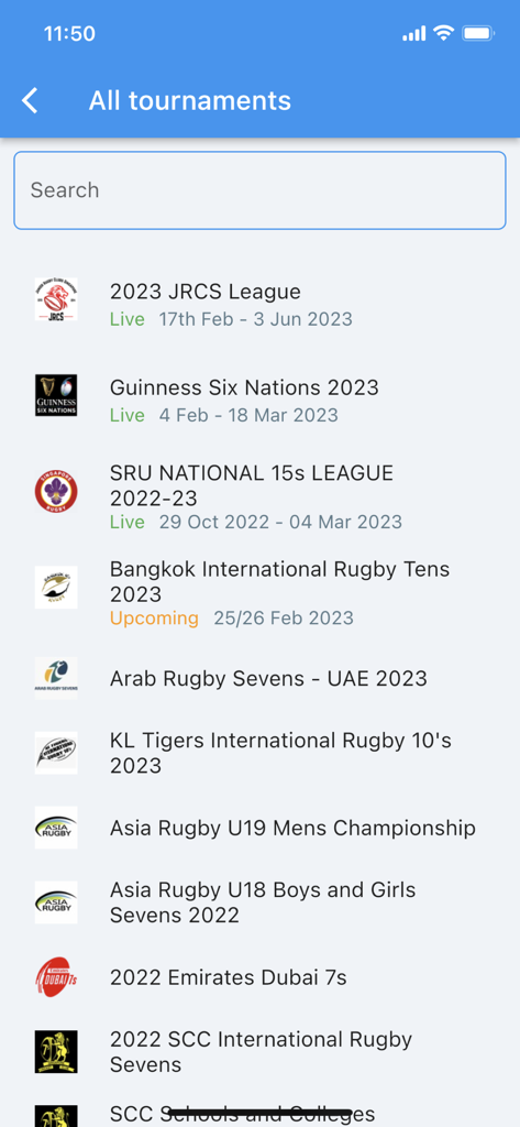 Una lista de torneos y ligas de rugby mostrada en la aplicación Visor de Torneos Macoocoo, incluyendo eventos en vivo y próximos.
