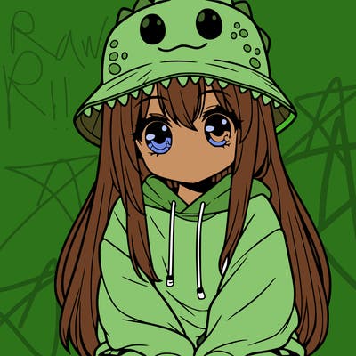 girl with anime shaped eyes with a dinosaur bucket hat oversized sweatshirt long straight hair