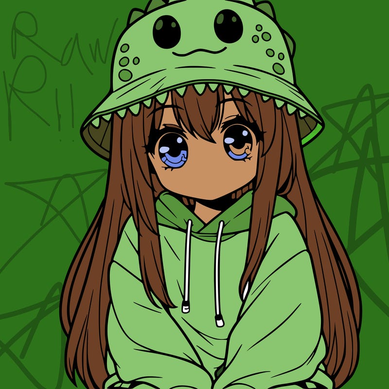 girl with anime shaped eyes with a dinosaur bucket hat oversized sweatshirt long straight hair