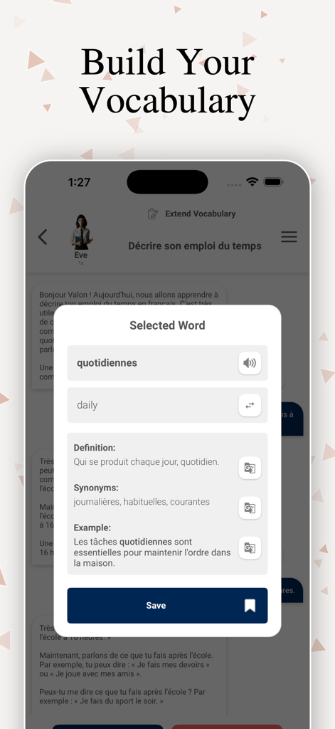 Learn French with AI: ParlezAI - A screenshot of the ParlezAI app showing a selected French word with its translation, definition, synonyms, and example sentence.