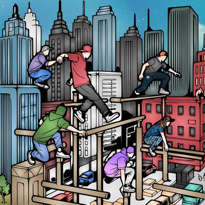 parkour athletes navigating a challenging cityscape
